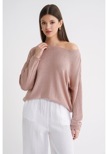 6933 Kadın Kayık Yaka İnce Mevsimlik Triko Kazak Pudra Pudra