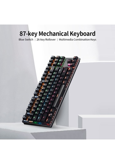 87 Tuşlu Mekanik Klavye Kablolu Klavye Rgb Arkadan Aydınlatmalı Klavye Mavi Anahtar/ 26 Tuşlu Rollover/ Multimedya Kombinasyon Tuşları Siyah