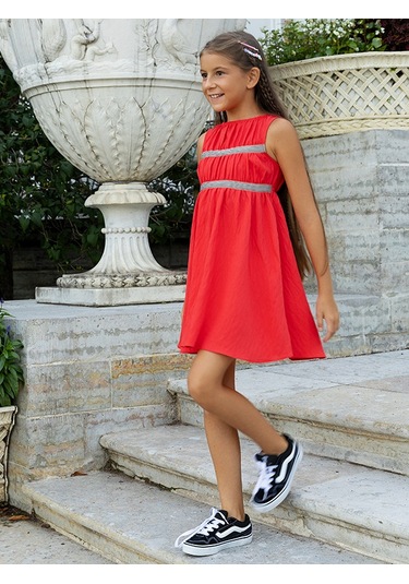 Sheshe Büzgülü Kırmızı Kolsuz Kız Çocuk Elbise Renkli