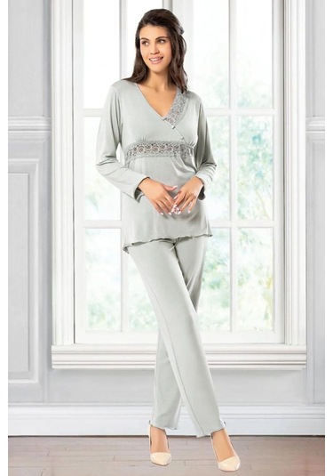 Faal 8614 Kadın Uzun Kollu Dantel Detaylı V Yaka Pijama Takımı-gri Gri