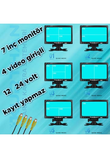 Kayıtsız 4 Kanallı 7 İnç Monitör 12 24 Volt Kamerasız