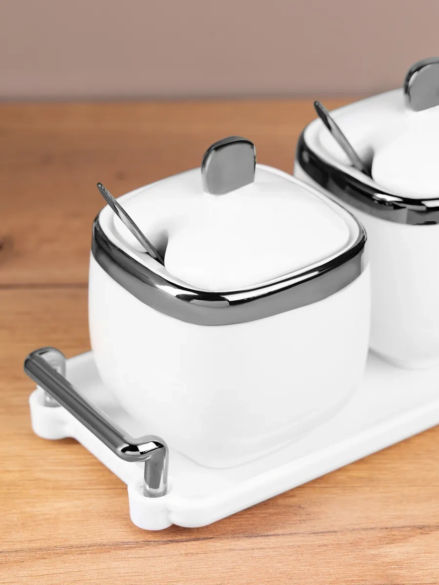 Homelabshop Seramik Kapaklı Ve Kaşıklı Şekerlik, 2 Adet 275451622 Beyaz