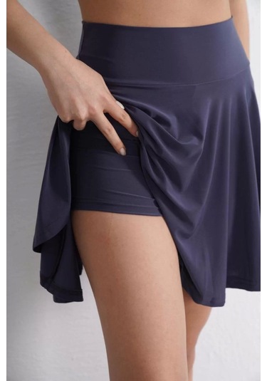 Sendy Kumaş Bisiklet Yaka Crop Şortlu Etek İkili Takım - Antrasit Antrasit