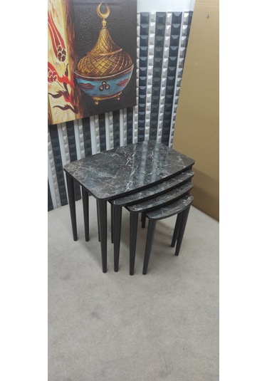 4 Lü Mdf Lam Ahşap Zigon Sehpa Siyah Mermer