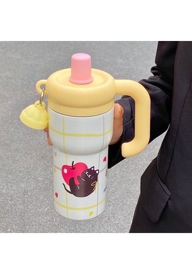 Sevimli Karikatür Yavru Kedi Buz Kupa Açık Taşınabilir Büyük Kapasiteli Saman Bardak Yüksek Değerli Kız Termos Bardak Toptan Sarı Kedi Yavrusu Buz Kupa 2 Nesil-600ml