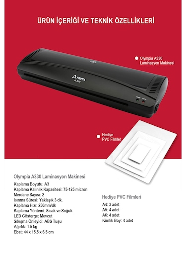 Olympia A330 A3 Laminasyon Makinesi + 15 PVC Filmi