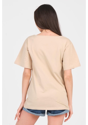 As Collection Bej V Yaka Kısa Kol Boyfriend Kadın T-shirt Bej