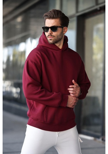 Bordo Kapüşonlu Kanguru Cep Erkek Sweatshirt E7169 Bordo