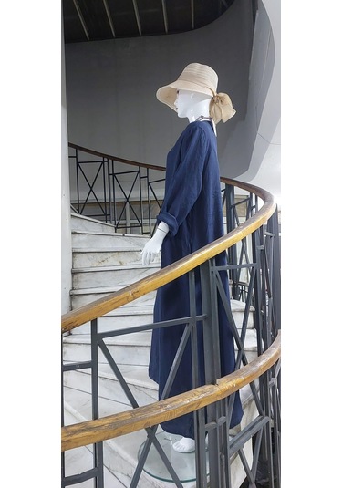 İtalyan V Yaka Uzun Kol Keten Elbise-8907 Lacivert