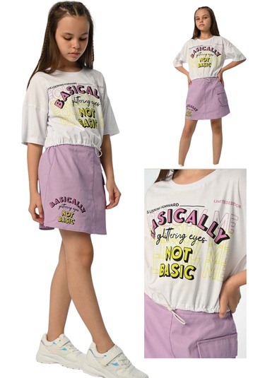 Kız Çocuk Basically Yazılı Crop Tişört Etek Takımı