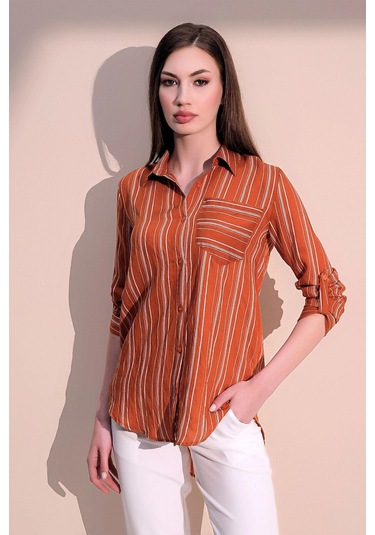 Kadın Kiremit Uzun Kol Özel Kumaş Tek Cep Gömlek Dik Çizgili Arkası Uzun Basic Kesim Gömlek Kiremit