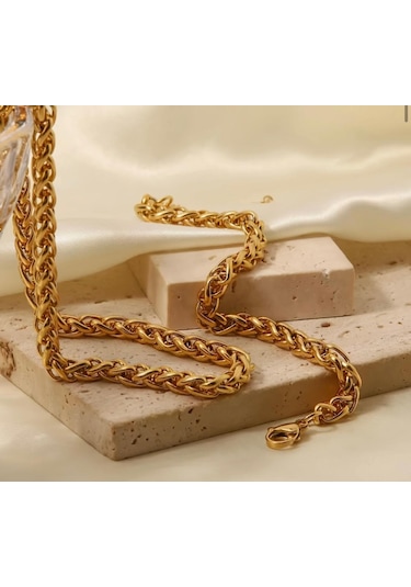 Gold Spiga Model Kalın Burgu Çelik Kolye Ve Bileklik Set 4mm Gold