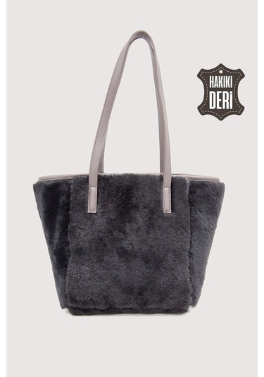Hakiki Deri Kürklü Kadın El Çantası Siyah Smr9152 Siyah