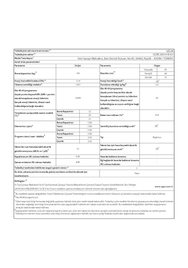 Uğur Ucm 20914 B101 1400 Devir 9 KG Çamaşır Makinesi