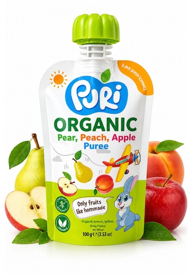Organic %100 Organik Meyve Püresi Armut - Şeftali Elma 100 G İlave Şekersiz