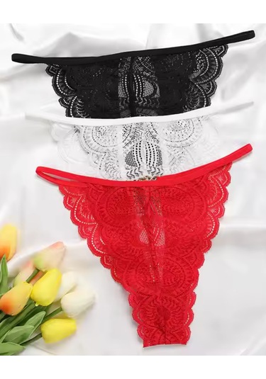 Roberto Bacio Kadın 3'lü Dantel String - Tanga Bc0041 Siyah - Kırmızı - Beyaz