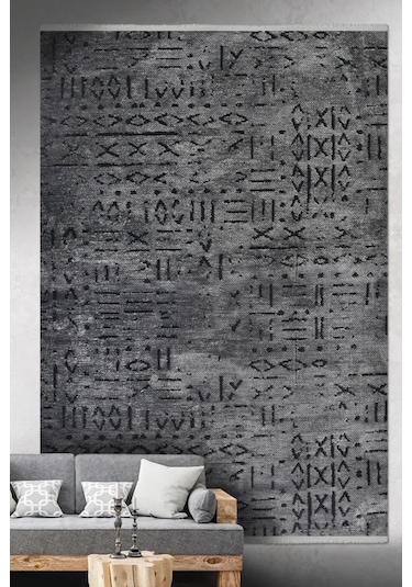 Venüs Yumuşak Pamuk Dokuma Kilim Kaymaz Tabanlı Antrasit Iskandinav Halı Salon Ve Mutfak Halısı Antrasit