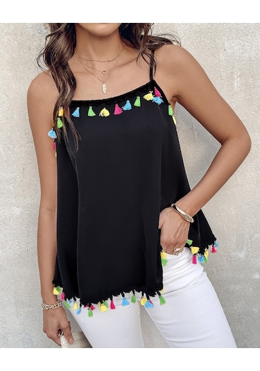 Leyla Sanat Sanata Yeni Bir Bakış Açısı Kadın Ip Askılı Püskül Detaylı Sandy Bluz Siyah