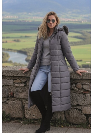 Günlük Kışlık Tam Boy Şişme Kadın Tesettür Mont Gri