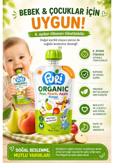 Organic %100 Organik Meyve Püresi Armut - Şeftali Elma 100 G İlave Şekersiz