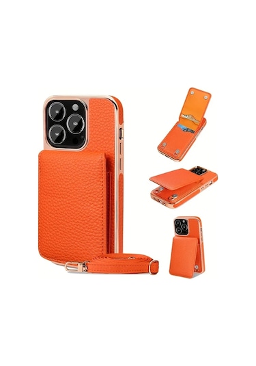 Turcoshop11 İphone 16 Promax İçin Siyah Yapay Deri Çapraz Telefon Kılıfı Kart Yuvası Askı Ve Ayak