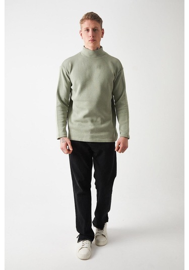 R-5849 Boğazlı Düz Örme Kazak Sweat Çağla Yeşili