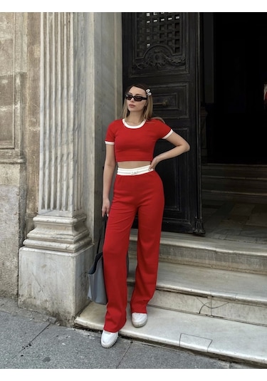 By Mop Crop Pantolon Biyeli Takım Kırmızı Kırmızı