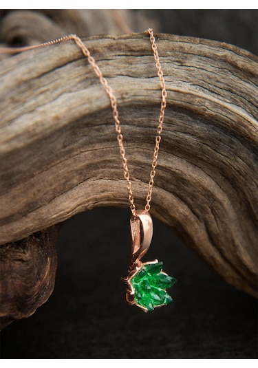 Rose Altın Kaplama Yeşil Zirkon Taşlı Lotus Çiçeği Kadın Kolye Gümüş