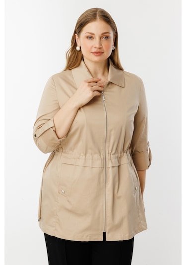 Ekol Kadın Büyük Beden Beli Lastikli Fermuarlı Trenç 7544 Taş Taş