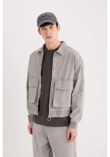DeFacto Relax Fit Fermuarlı Cepli Jean Ceket C3414AX24AUNM55 Gri
