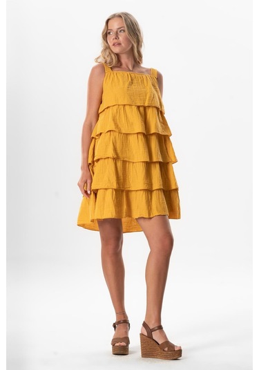 Askılı Kare Yaka Elfida Kat Kat Müslin Yazlık Kısa Elbise Hardal Hrd Hardal