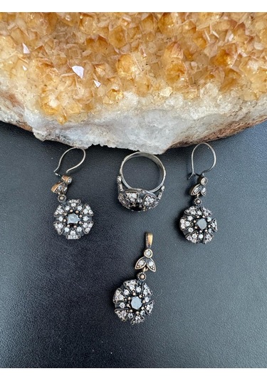 Aysesa Otantik Zirkon Oniks Taşlı Kadın Gümüş Set 2küpe+kolye+yüzük