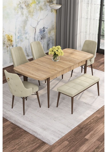 Mona Meşe 80x132 Açılabilir Mdf Masa Yemek Odası Takımı, Mutfak Takımı 4 Sandalye, 1 Bench Meşe Masa - 4+1 Krem - Ceviz Ayak
