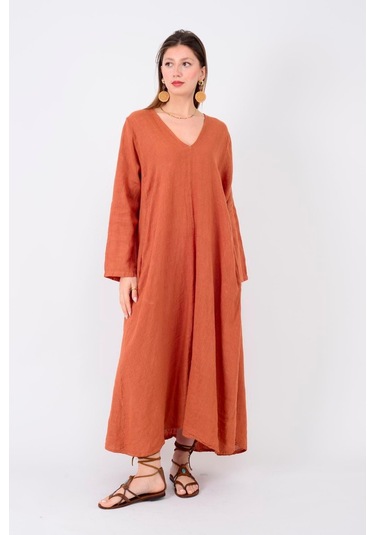 İtalyan V Yaka Uzun Kol Keten Elbise-8907 Tarçın