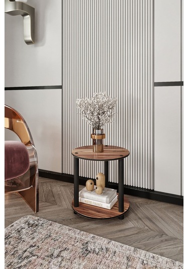 2 Katlı Dekoratif Yuvarlak Kitaplık Ceviz Ceviz