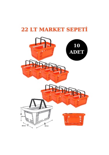 10 adet 22Litre Market ve Alışveriş Sepeti, Saplı Market Sepeti T