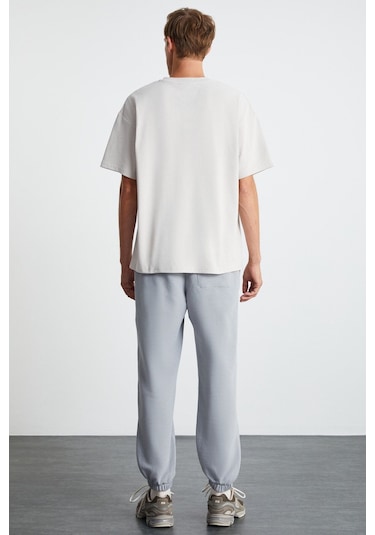 GRIMELANGE Rıver Erkek Oversize Fit Bol Kesim Nakış Işlemeli Basic Örme Taş Rengi T-shirt Taş Rengi