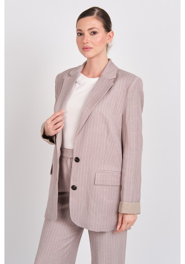 Ayhan Kadın Çizgili Düğmeli Keten Ceket 0860 Kahverengi Kahverengi