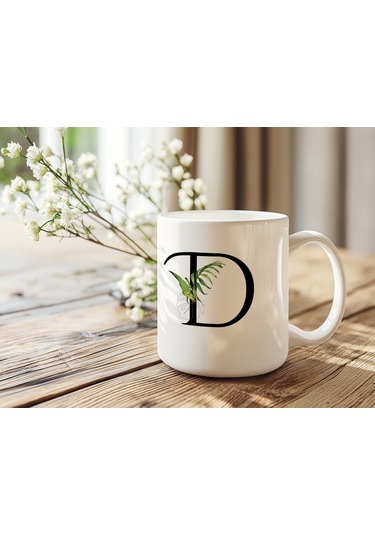 D Harf Zarif Yaprak Desenli Kupa Bardak - Naturel Sade Alfabe Harfli Bardak - Kişiye Özel Hediye Beyaz