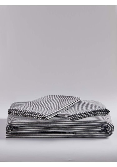 Caqqa Line Striped Naturel Pamuk Çift Kişilik Nevresim Takımı Antrasit