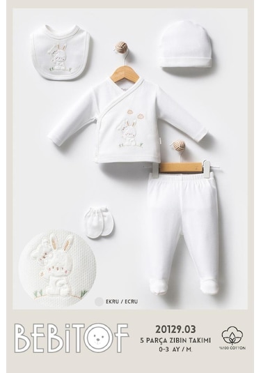 Bebitof %100 Pamuk Sevimli Tavşan Desenli 5 Parça Yenidoğan Hastane Çıkışı Zıbın Seti Bbtf.ekr.20129 Ekru