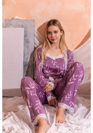 Sabahlıklı Dantel Detaylı Pegasus Kadın Pijama Takımı-çeyizlik Takım- Geniş Beden Aralığı Lila