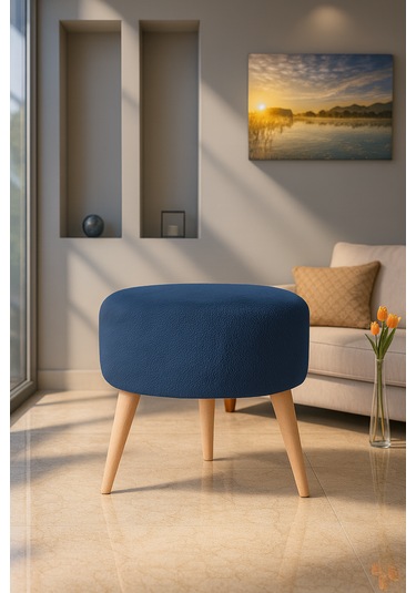 Yuvarlak Puf - 40cm - Welsoft Kumaş - Mavi