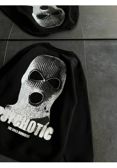 Vexor Kışlık Bisiklet Yaka Baskılı Sweatshirt - Siyah