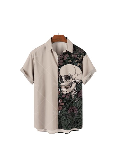 Snapbuyyaz Hawaii Kafatası Erkek Kısa Kollu Rahat Gömlek Dijital 3d Baskı Kore Çiçek Desen Harajuku Stilbejerkek Bej