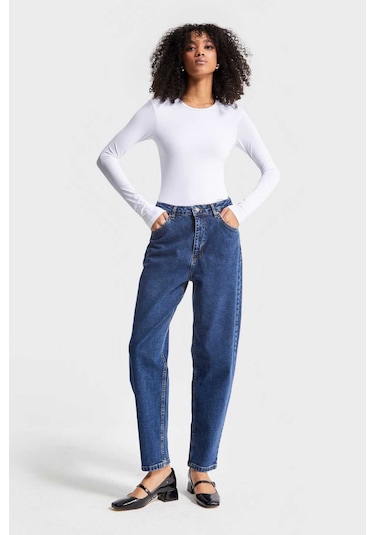 Mavi Likralı Kumaş Mom Fit Denim Pantolon Mavi