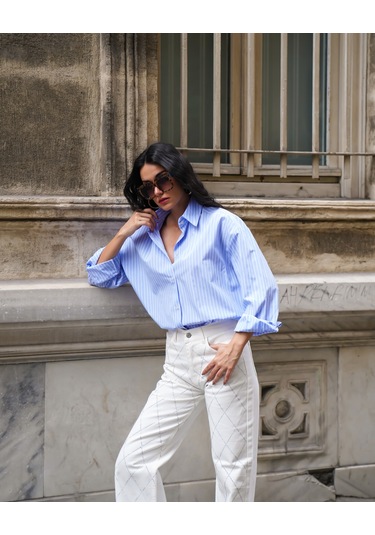 Kadın Beyaz Renk Palazzo Önü Starlight Parlak Taşlı Tasarım Denim Beyaz