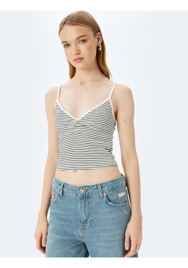 Koton İp Askılı Çizgili V Yaka Slim Fit Fitilli Atlet Ekru Çizgili 5sal30078ık Ekru Çizgili Ekru