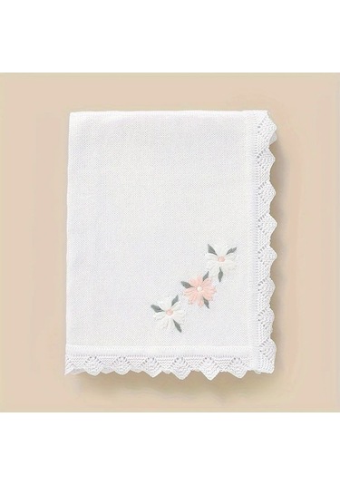 Maxaccess 1 Adet Bebek Dalga Dantel İşlemeli Çiçekli Bebek Örgü Battaniyesi Beyaz Beyaz