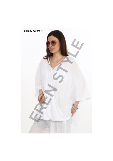 Bohem Kuruvaze Tek Düğmeli Keten Bluz-9884 Beyaz